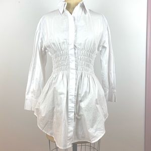Pink Ripple White Smocked Waist Button Down